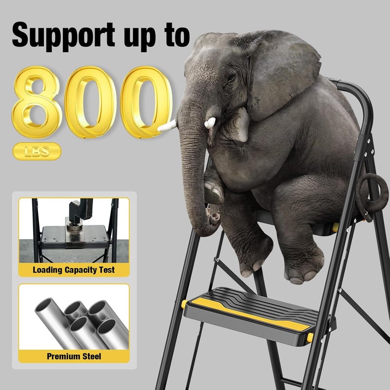 Urackify 3 Step Ladder, Heavy-Duty 800lb Capacity, Wide Anti-Slip Steps & Secure Handrail Compact, Folding Step Stool Portable Design for Home, Kitchen, Office, Pantry, Closet Use, Black - Image 2
